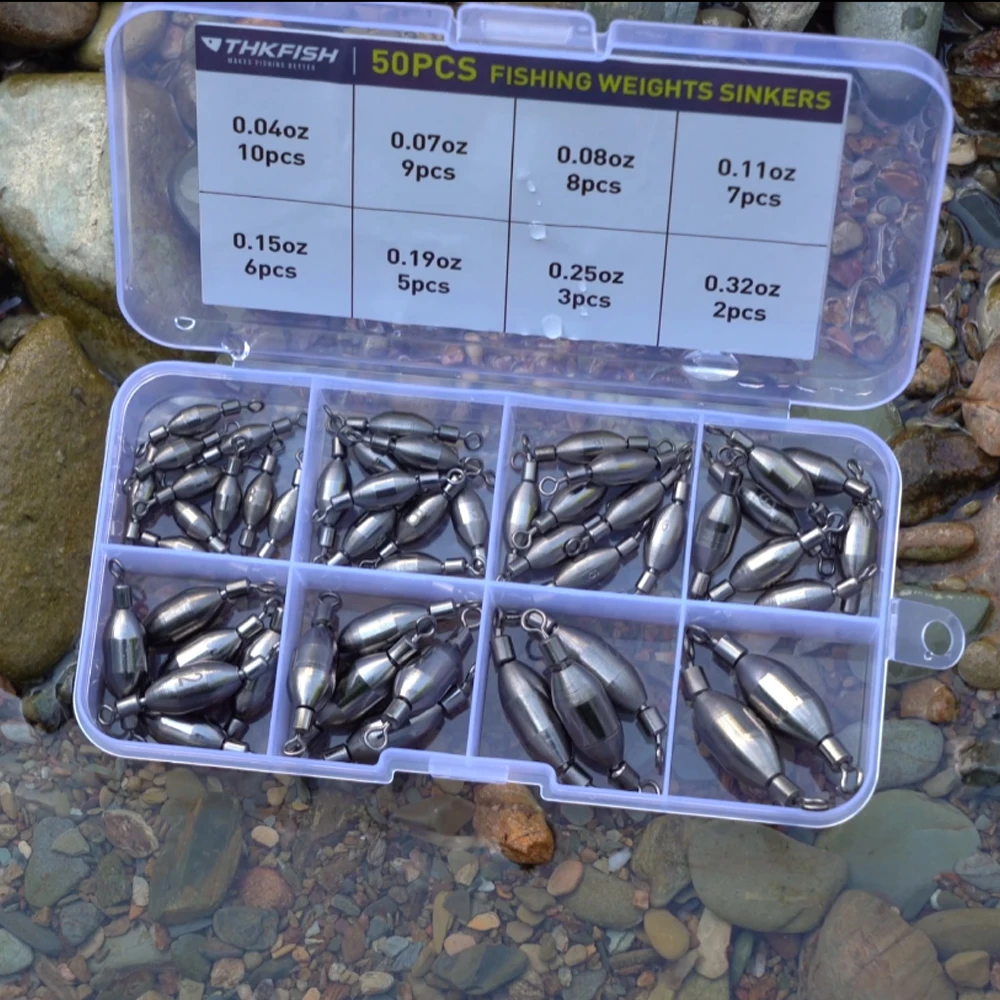 

THKFISH 50pcs/box Fishing Sinkers Bullet Weights Drop Shot Bank Fishing Lead Weights with Quick Change Swivel For Freshwater
