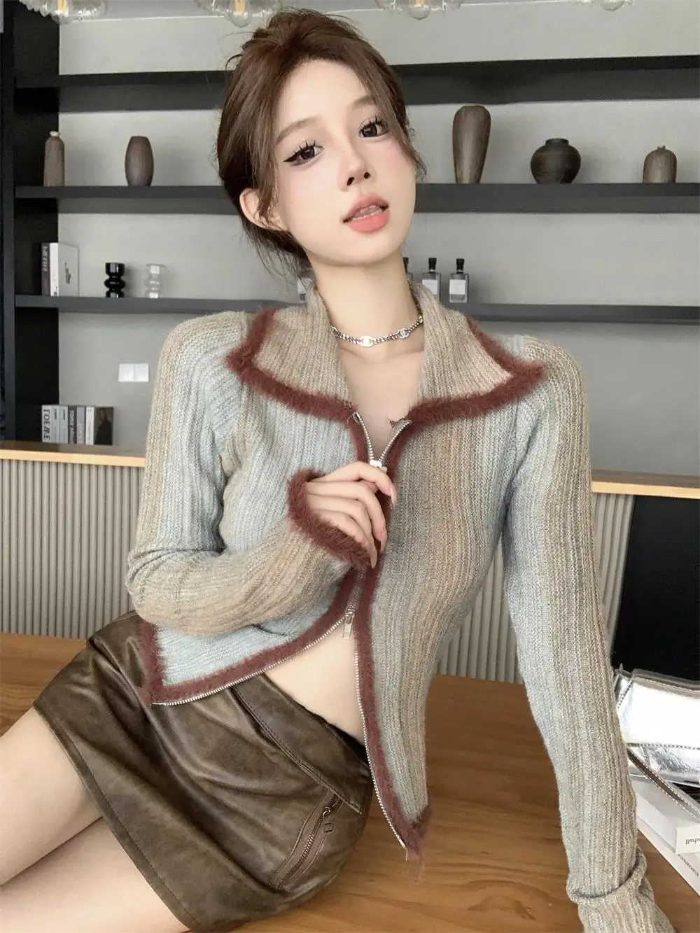  Chic Double Zipper Inner wear Long sleeve Sweater Knit Women Autumn Pure Desire Gyaru Slimming Bottoming Shirt Top