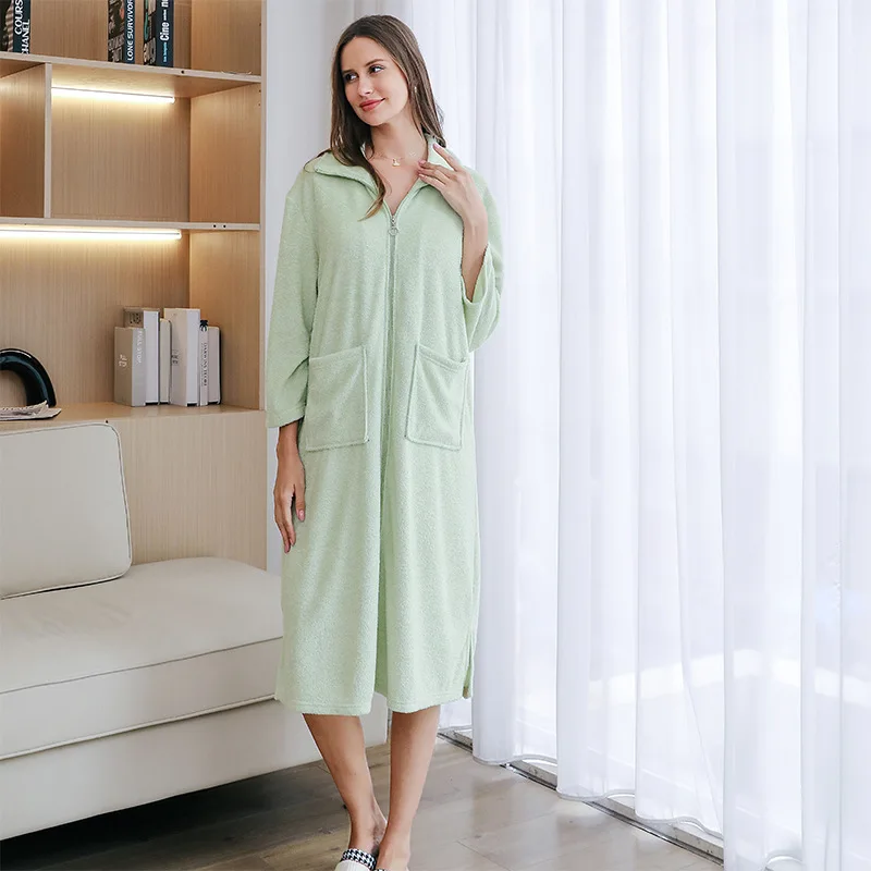 New Style Pajamas One-piece Zipper Nightdress Couple MIDI Style Bathrobe Soft Night Gown Couple\'s Loungewear Comfort Ventilate