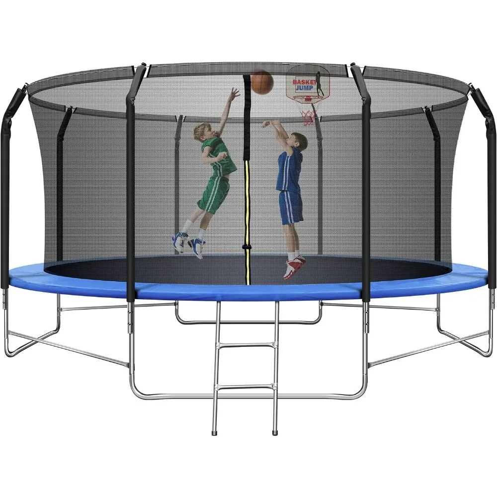 14FT Trampoline with Balance Bar & Basketball Hoop,1.4MM Thickened Recreational Trampoline, Heavy Duty Outdoor Trampoline