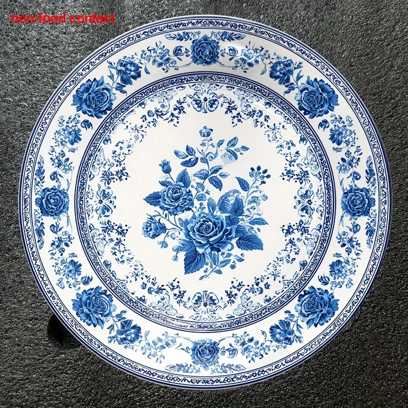 1pc Vintage Blue and White Floral Wall Plate - Elegant Hanging Decor with Non-Slip Stand, Ceramic Jewelry Display Tray for