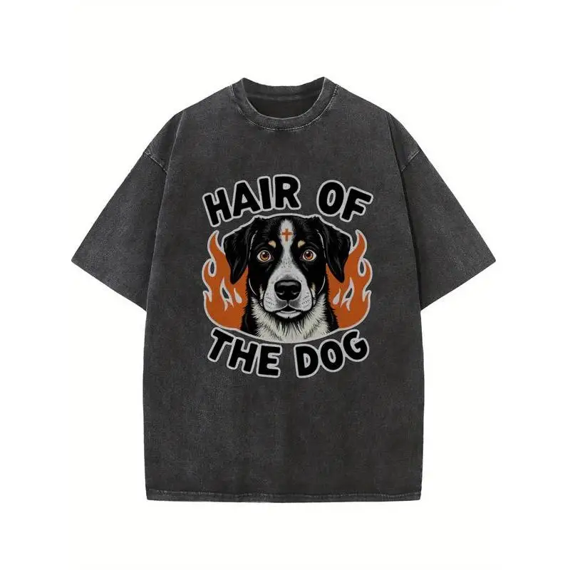 

Hair of the Dog Graphic T Shirt Funny Vintage Style Dog Illustration Flame Print Oversized Casual Tee for Men Women