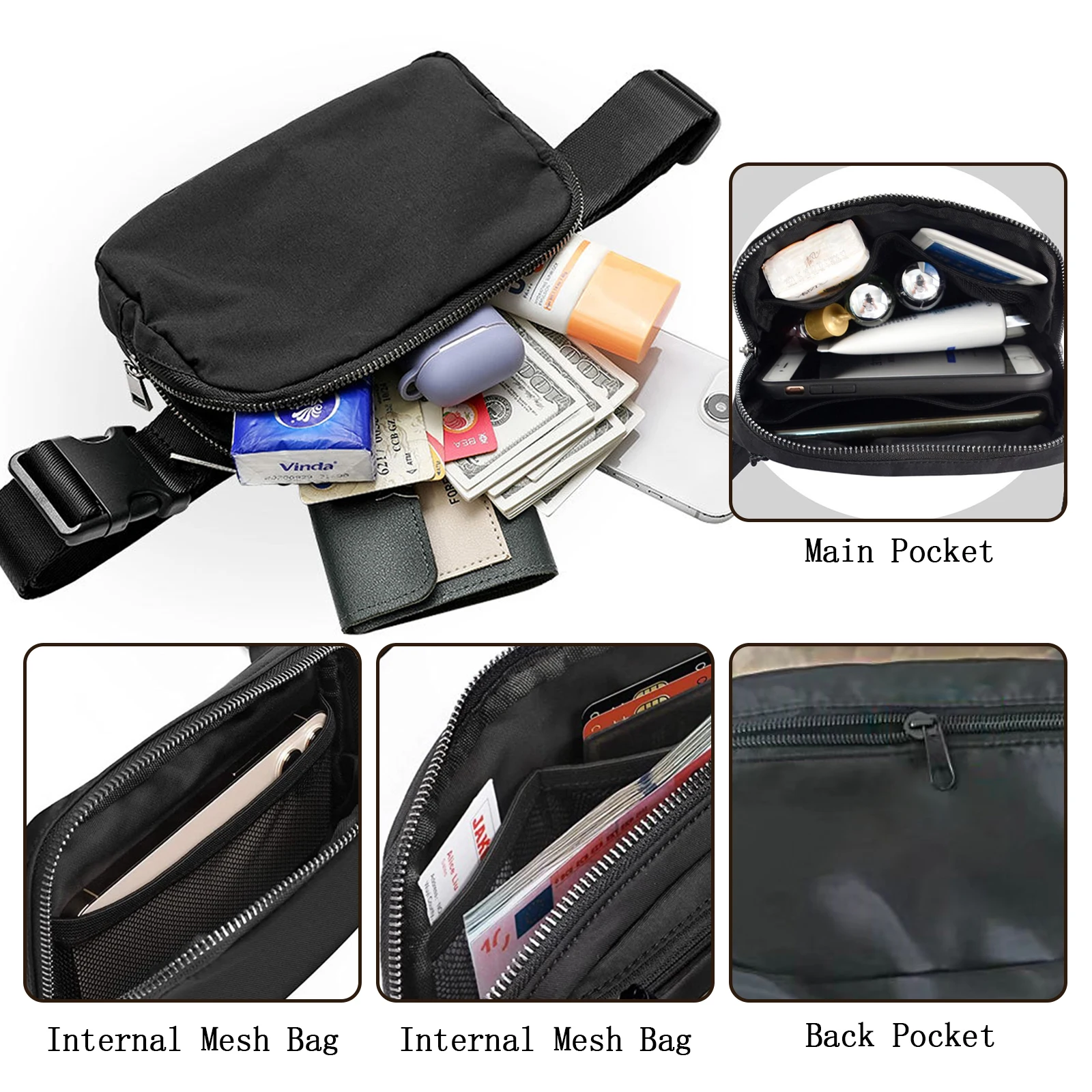 Fanny Pack para viagens esportivas ao ar livre, bolsa de cinto ajustável, preto, monocromático, casual, mesmo estilo para mulheres e homens, universal