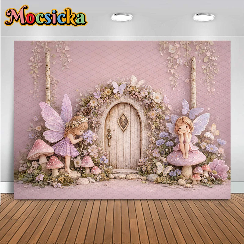 Mocsicka Wedding Background Photography Butterfly Mushroom Gate Pink Decors Girl Women Portrait Backdrops Photo Studio Wallpaper