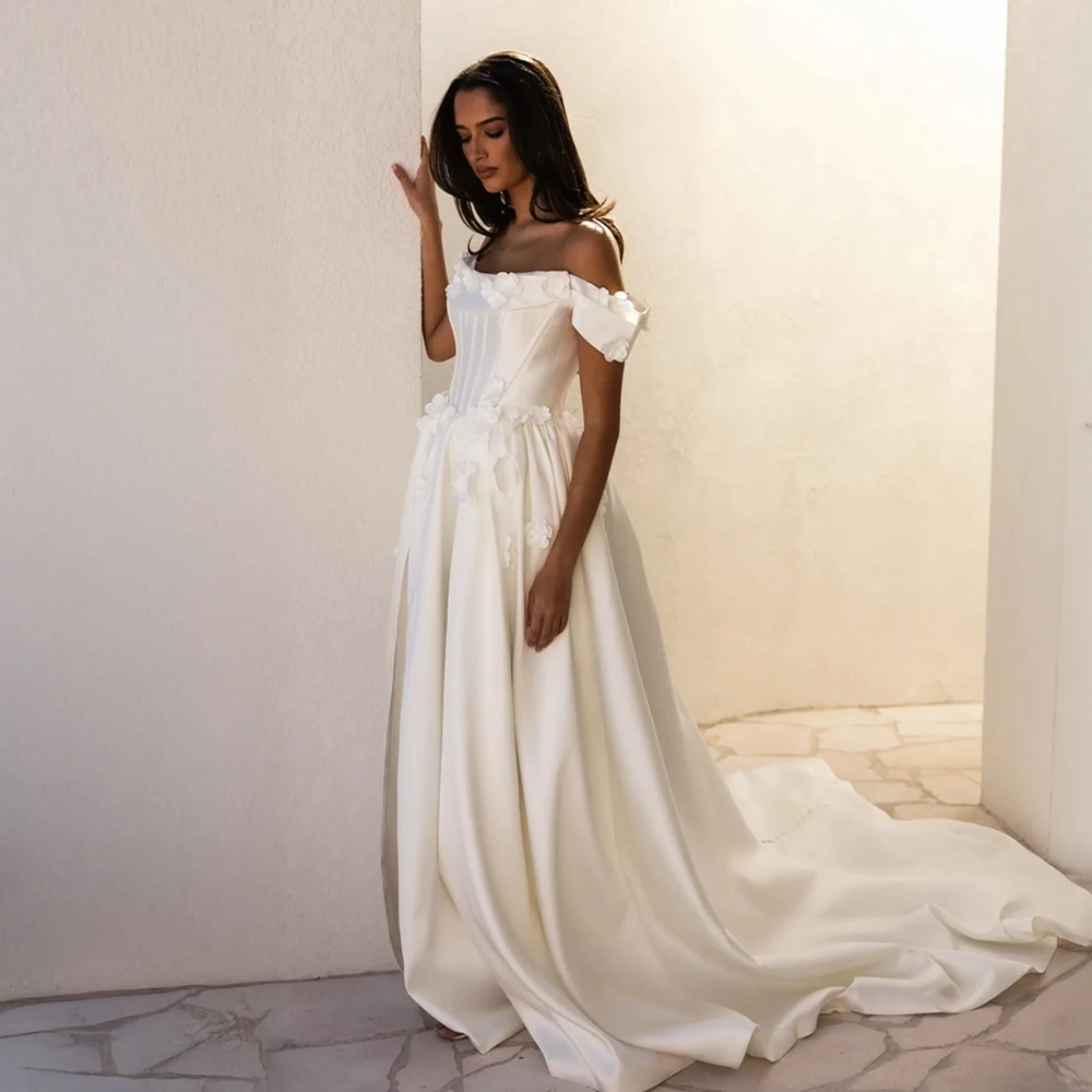 

Customized Elegant Wedding Dress Satin Bridal Dress With 3D Floral Detail A Line Silhouette Bridal Gown For Garden Wedding