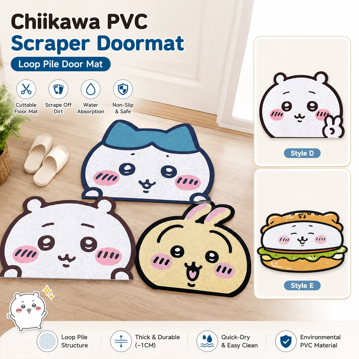 Chiikawa Hachiware Pvc Wire Loop Door Mat Dirt Scraper Door Mat Rubber Foam Backing Floor Mat Non‑Slip Entry Mat Housewarm Gift