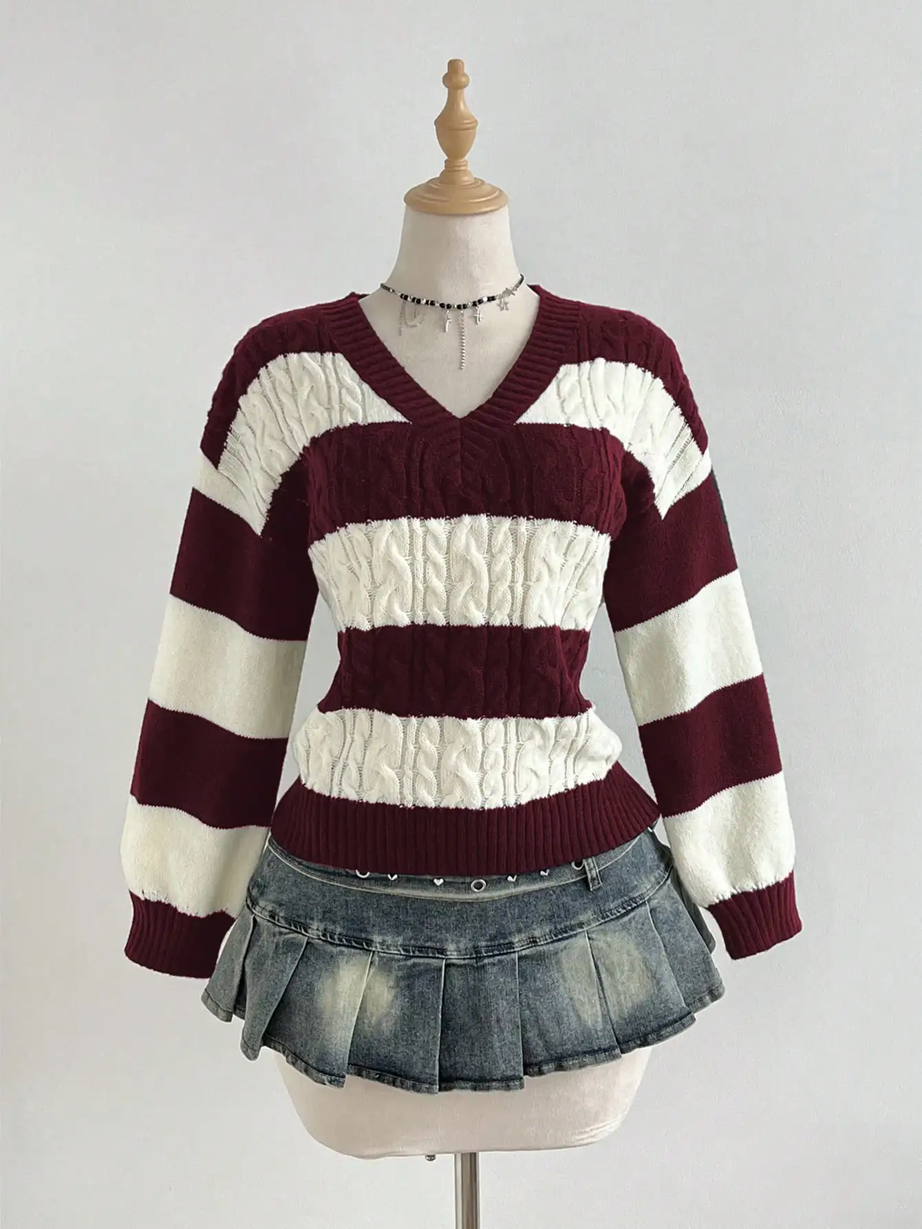 

Women's Casual V-Neck Striped Lantern Sleeve Fashion Knit Sweater Top, Multi-Color, Autumn/Winter