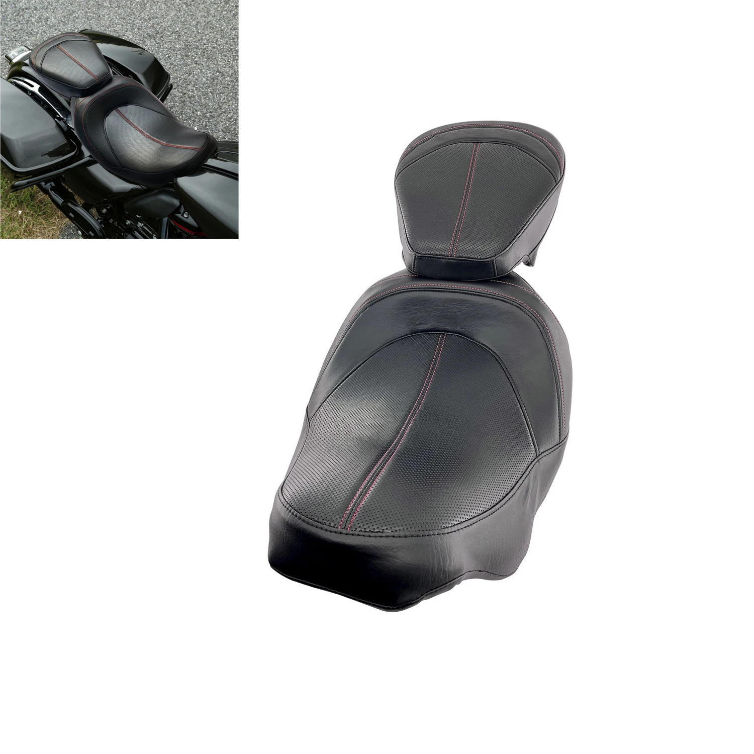 

Red Stitching Two Up Low-Profile Driver Passenger Pillion Seat For Harley Touring Street Glide Road King CVO Limited 2009-2021