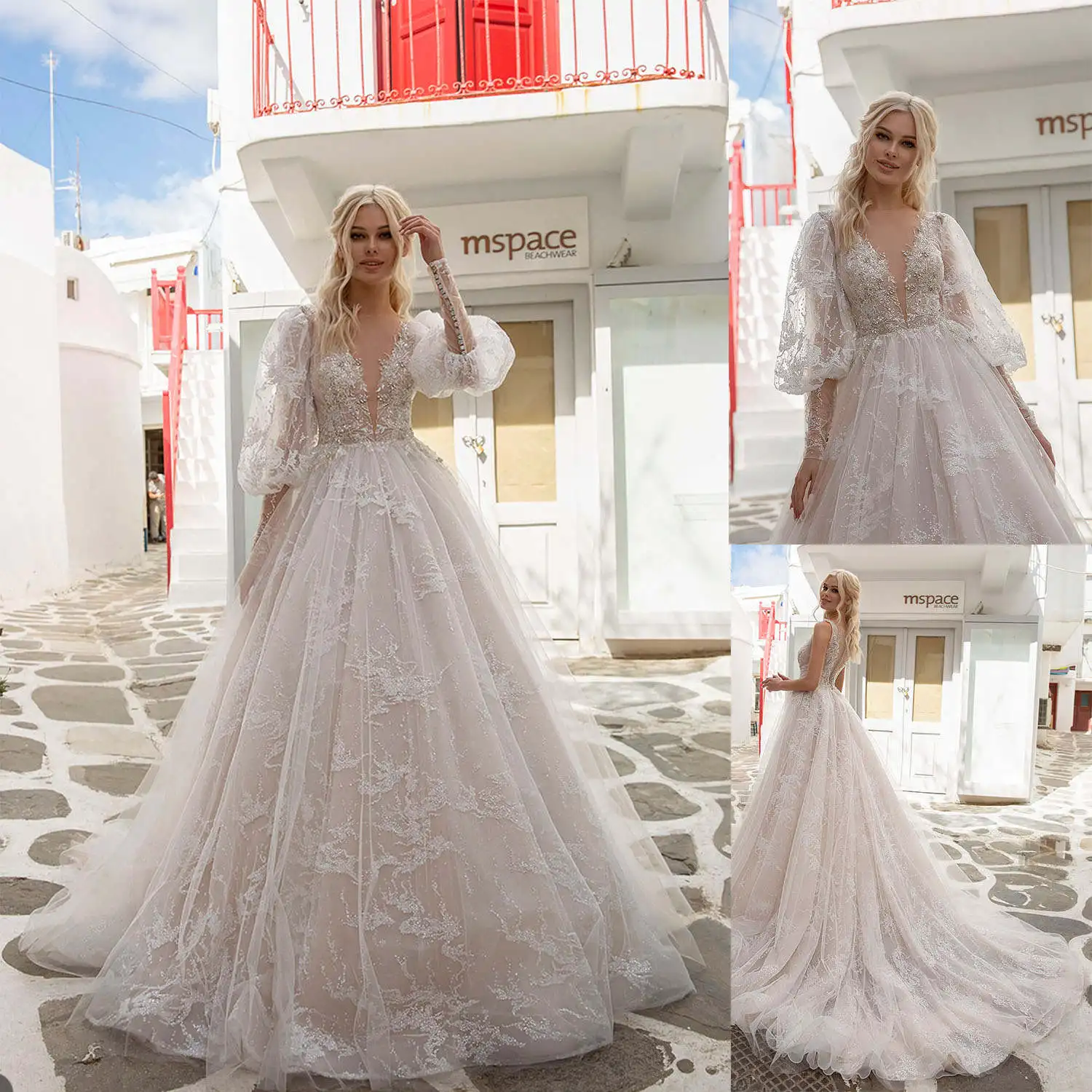 Abiti da sposa eleganti a linea A maniche lunghe Perline Paillettes Appliques Abiti da sposa in pizzo con bottoni personalizzati sul retro