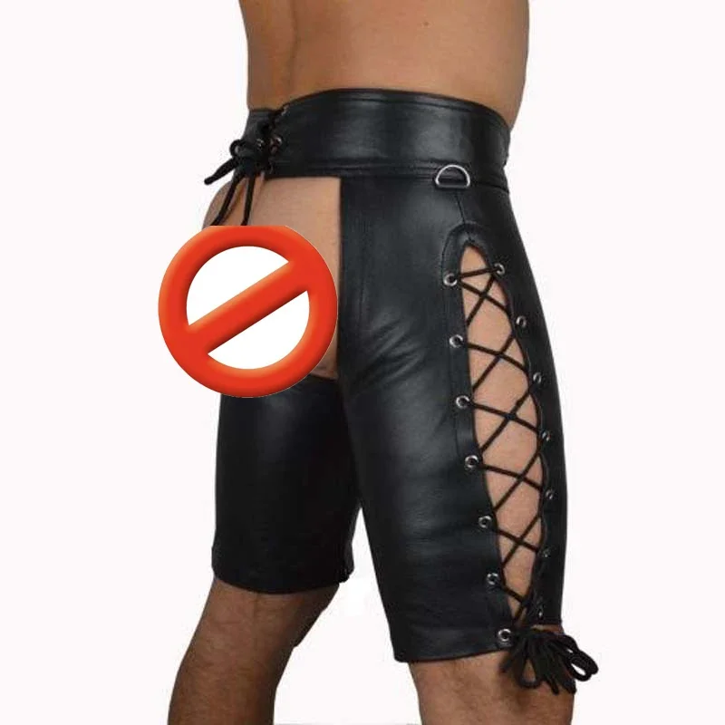 Black Faux Leather Mooning Male Sexy Lingerie Catsuit Clubwear Men Hot Erotic Fetish Wear Bandage Pants XL XXL Plus Size