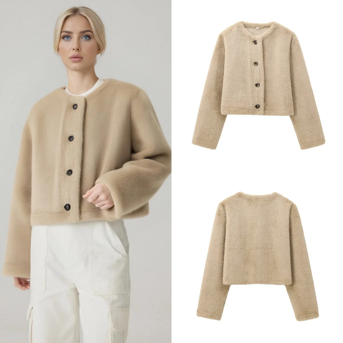 معطف أنيق مريح برقبة دائرية وأكمام طويلة للنساء، جاكيت قصير أنيق من الفرو الصناعي، صدر واحد مع مع معطف مستقيم