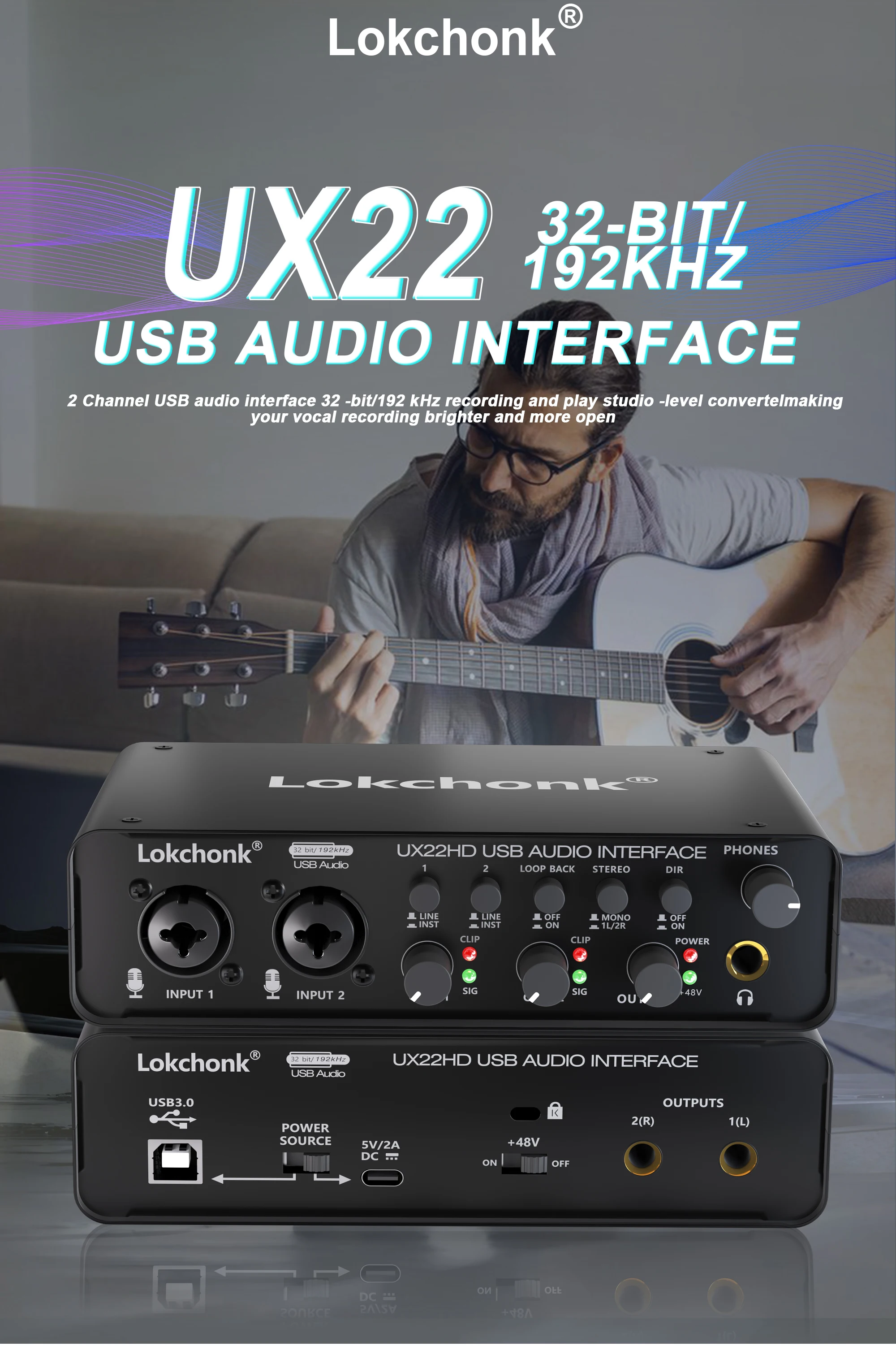 UX22 Audio Interface Sound Card 32-bit/192KHz AD Converter, Electric Guitar Live Recording Professional Studio Singing, Podcast