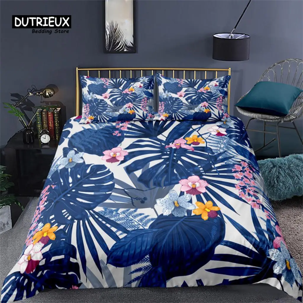 Soft Palm Leaves Comforter Cover Microfiber Tropical Botanical Leaves Bedding Set Double Monstera Leaf Floral Print Duvet Cover