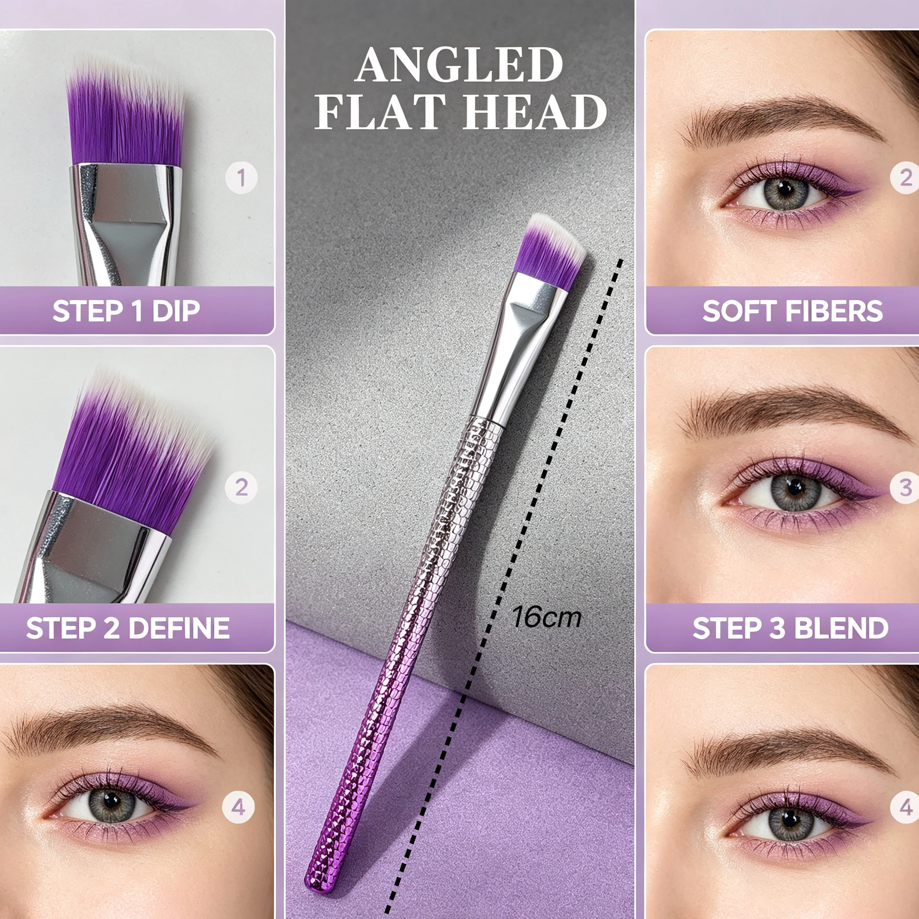 Flat-top brush with soft fibers for gentle powder pickup; a versatile makeup tool for eyebrow application and more.