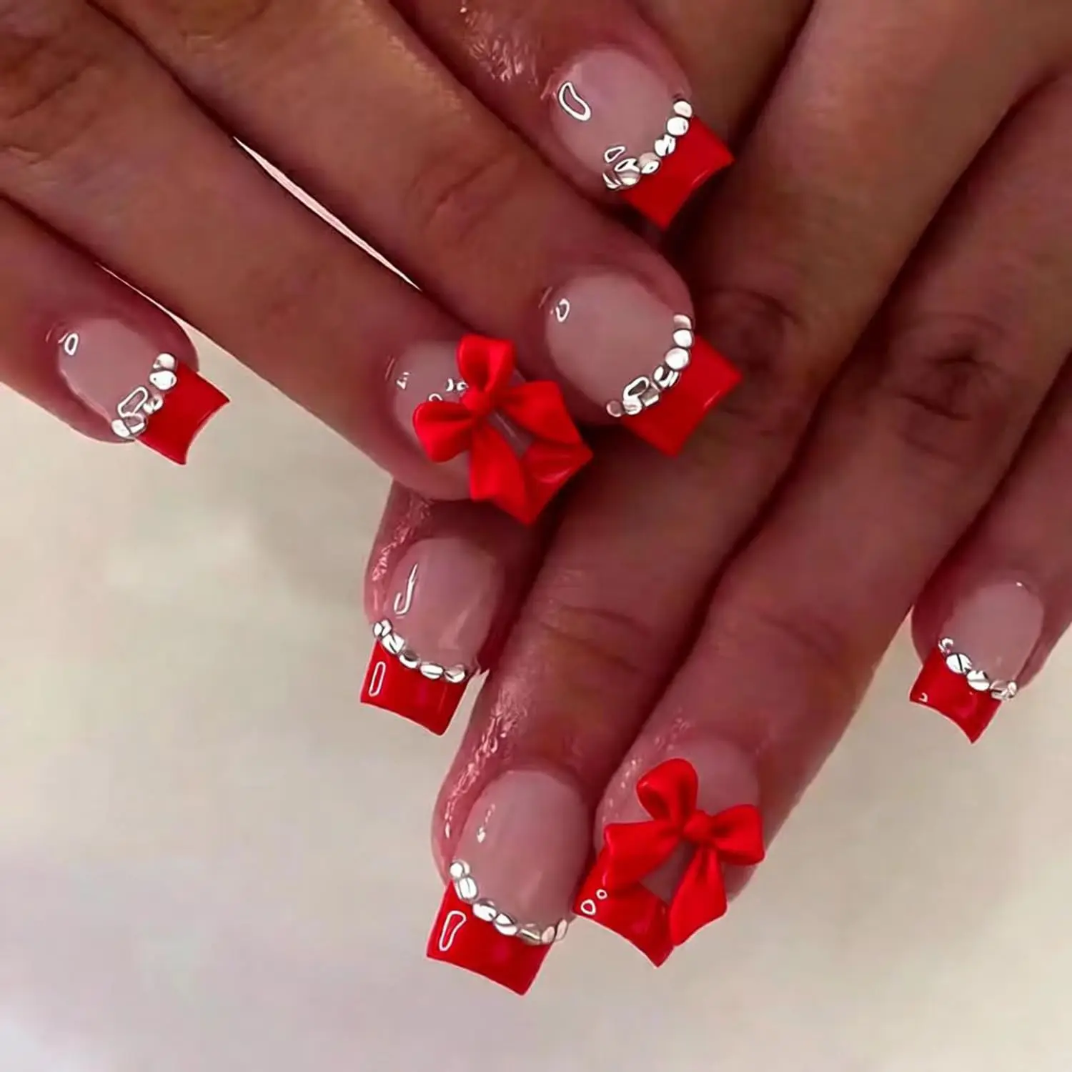 

Red French Tip Press on Nails Medium Square Fake Nails with Red Bow Rhinestone Full Cover Stick on Nails Nude Glossy Artificial