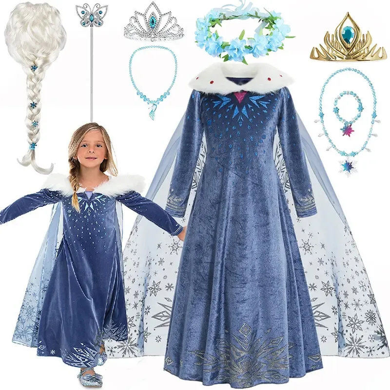 Frozen Princess Elsa's Same Dress Elsa Fur Collar Blue Winter Warm Long-Sleeved Printed Clothing With Cape Doll 2-10T