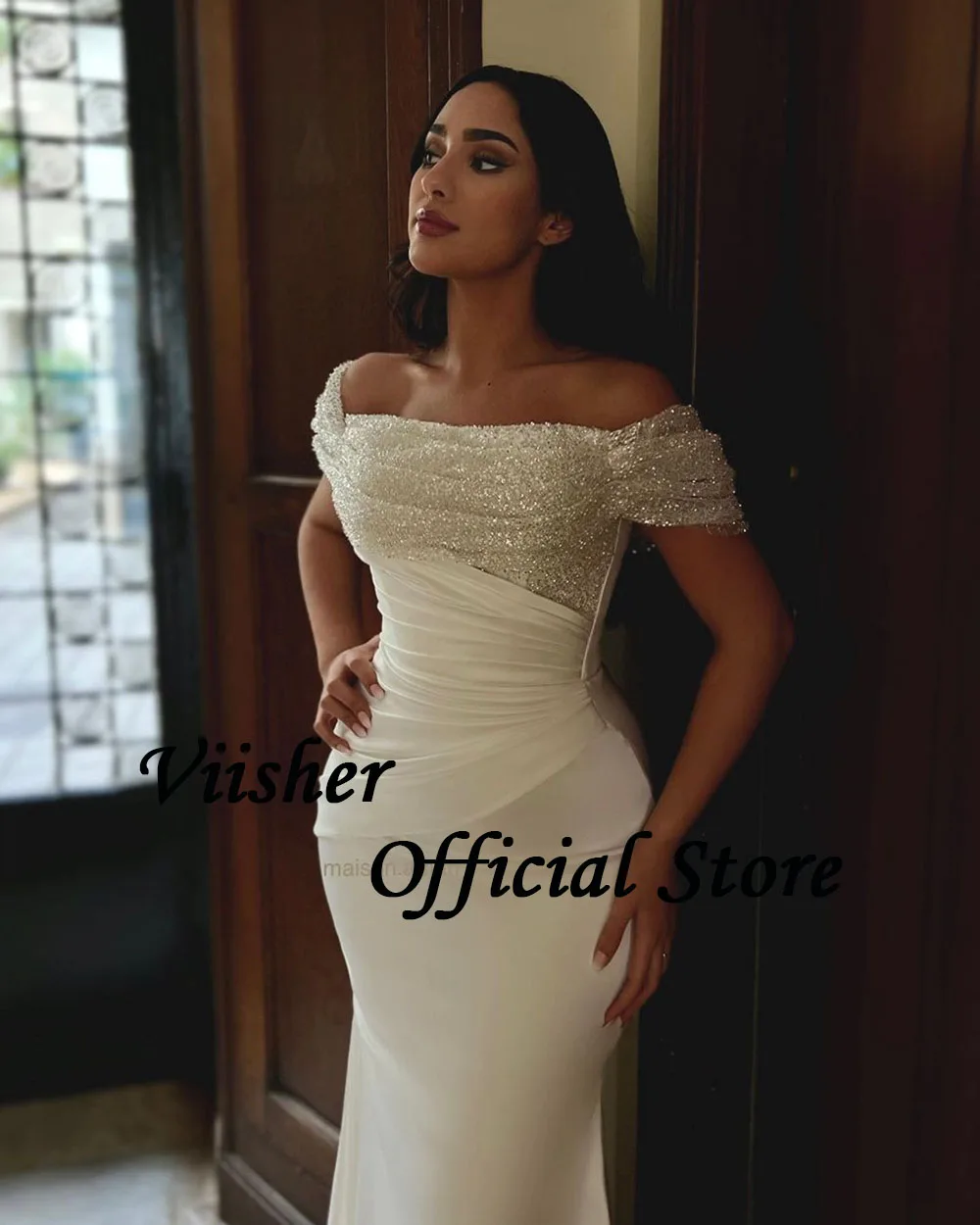 Visher Meerjungfrau Brautkleider Pailletten von der Schulter engen Brautkleid mit Schlitz langen Strand Hochzeit Brautkleider