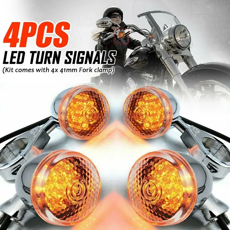 

4Pcs Motorcycle LED Turn Signal Lights For Harley Indicator Lamps Chrome and Black Housing 41mm with Front Rear Fork Clamp