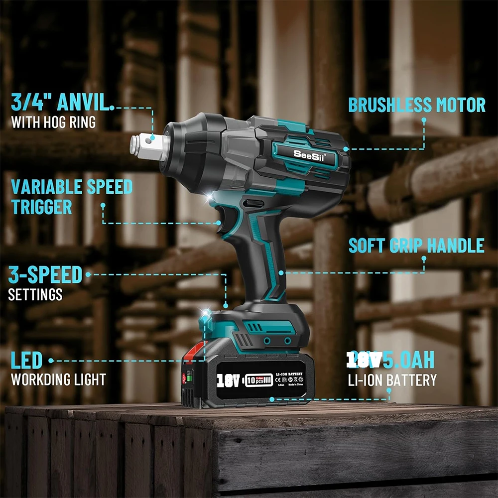 SEESII Impact Wrench 1000Nm Cordless Impact Wrench 1/2