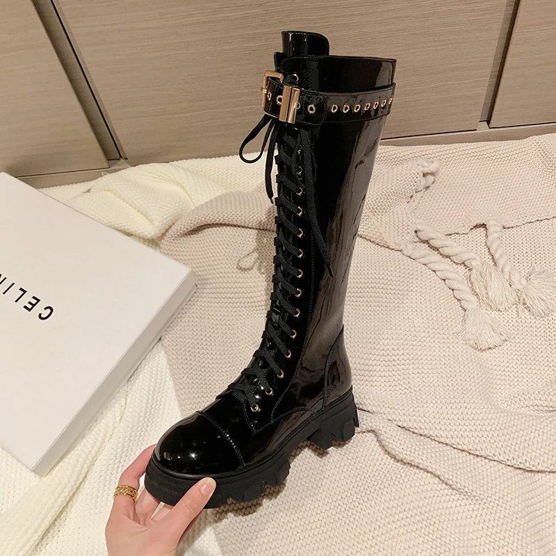 2022 Autumn and winter Women knee-high boots natural leather 22-25cm cowhide side zipper Knight boots belt buckle modern boots