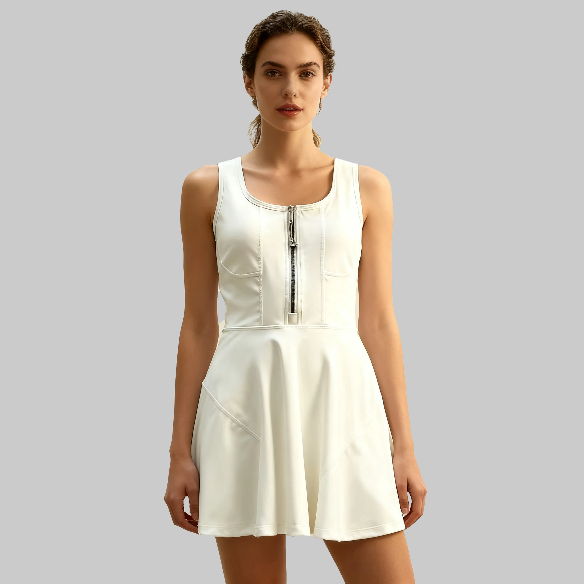 

Tennis-style sleeveless zip-front dress with built-in bra pads and safety shorts, women's fitness running bodysuit