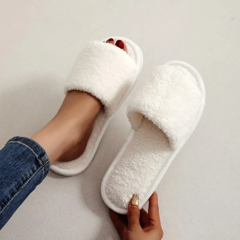 

Four Seasons New Women's Home Slippers Opening White Fur Slides Warm Plush Sandals Female Comfortable Lightweight Flat Shoes