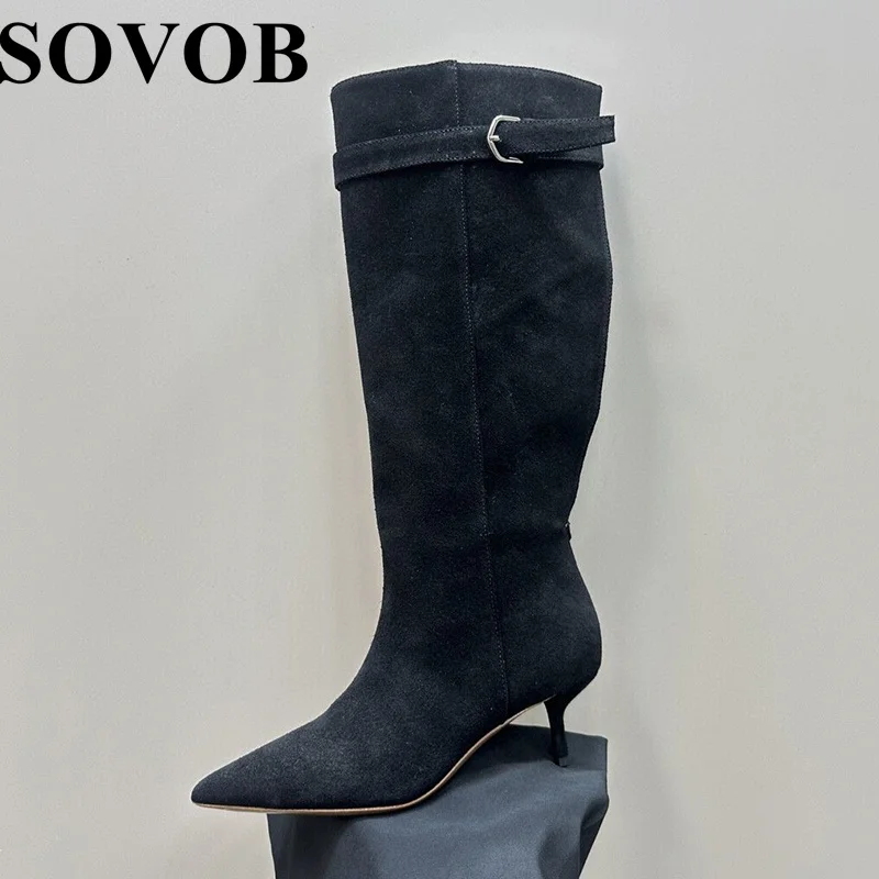 

New Spring Autumn Suede Pointed Toe Knee High Boots Women's High-Heeled Belt Buckle Versatile British Style Modern Boots 2024