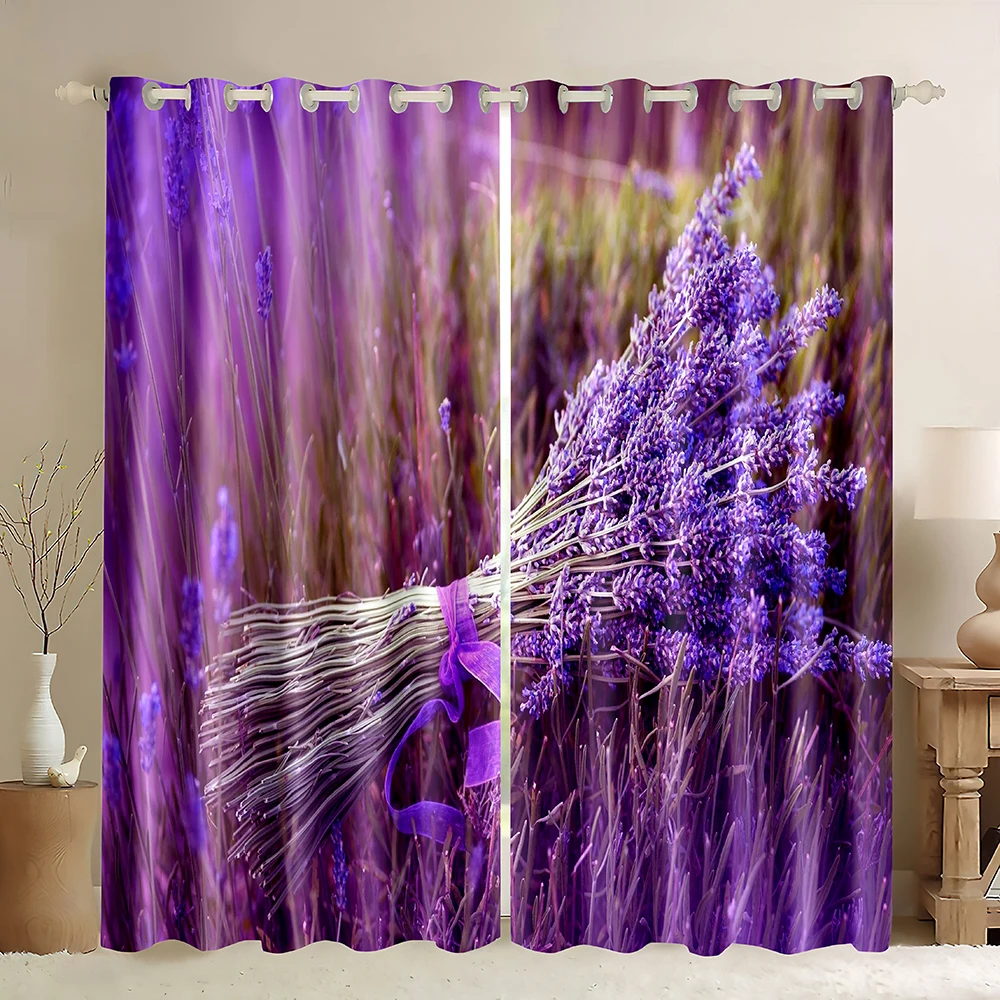 3D Purple Lavender Print Blackout Curtain,3D Purple Lavender Field Sunrise Red Sky Pattern,Abstract Floral Design Window Curtain