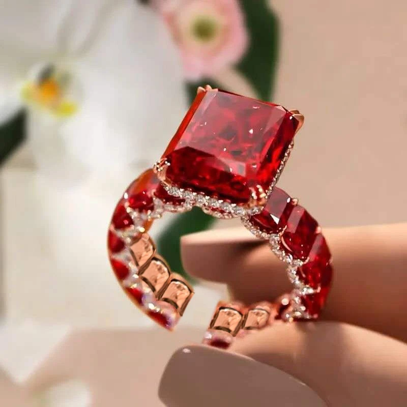 

New Full Diamond Rose Gold Open Ring - Ruby Inlaid Light Luxury High-grade Design Versatile Commute Dating Jewelry for Women