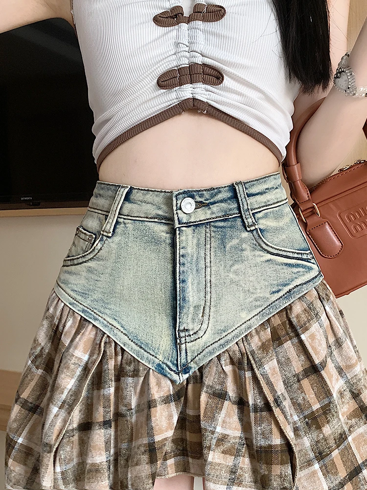 Vintage Plaid Patchwork Short Denim Skirt Summer 2024 High Waist Y2k Streetwear Irregular Sweet Mini Jeans Skirt Girls