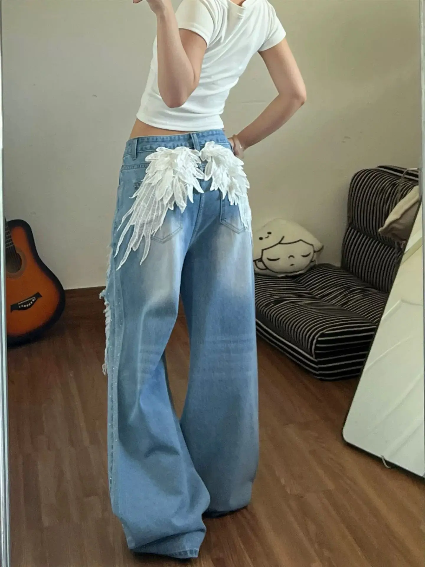 Y2K Retro Jeans Wing Embroidered Adjustable Waistband Hot Stamping Drilled Floor Pants for Summer Style