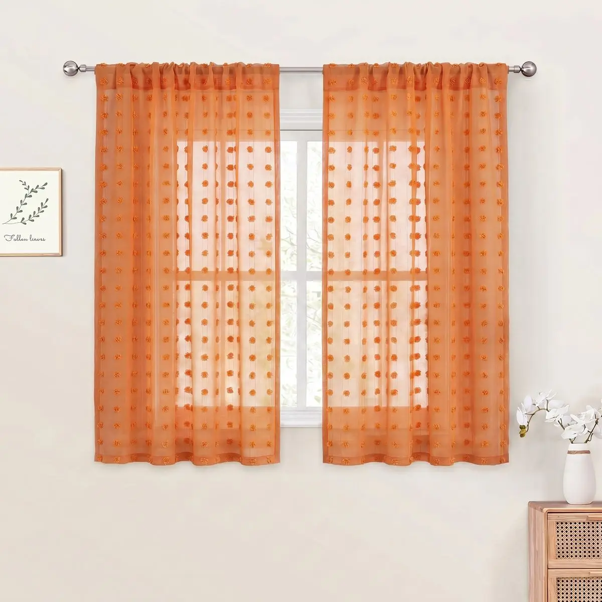 1 Piece, Available in Multiple Colors: White/Orange/Pink/Olive Green/Black/Red. Modern Minimalist Pompom Semi-Transparent Sheer Curtain, Rod Pocket Top, Three-Dimensional Pom-Pom Jacquard, Lightweight and Soft, Light-Filtering Decoration, Polyester, Washable, Cute and Sweet Style, Suitable for Bedroom, Living Room, Office, Kitchen, Dormitory, Courtyard
