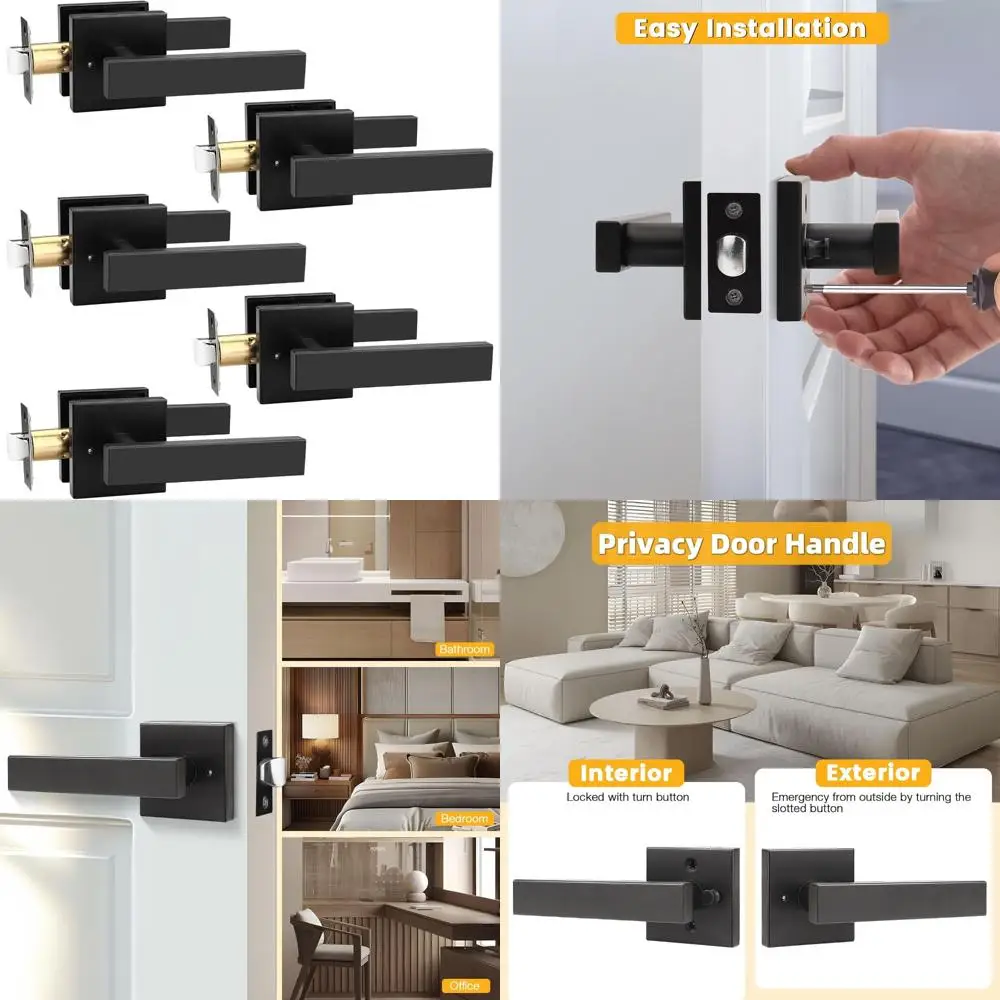 مقابض أبواب مربعة سوداء غير لامعة، رافعة شديدة التحمل مع قفل، مجموعة قفل بدون مفتاح للتخزين وأبواب غرفة النوم