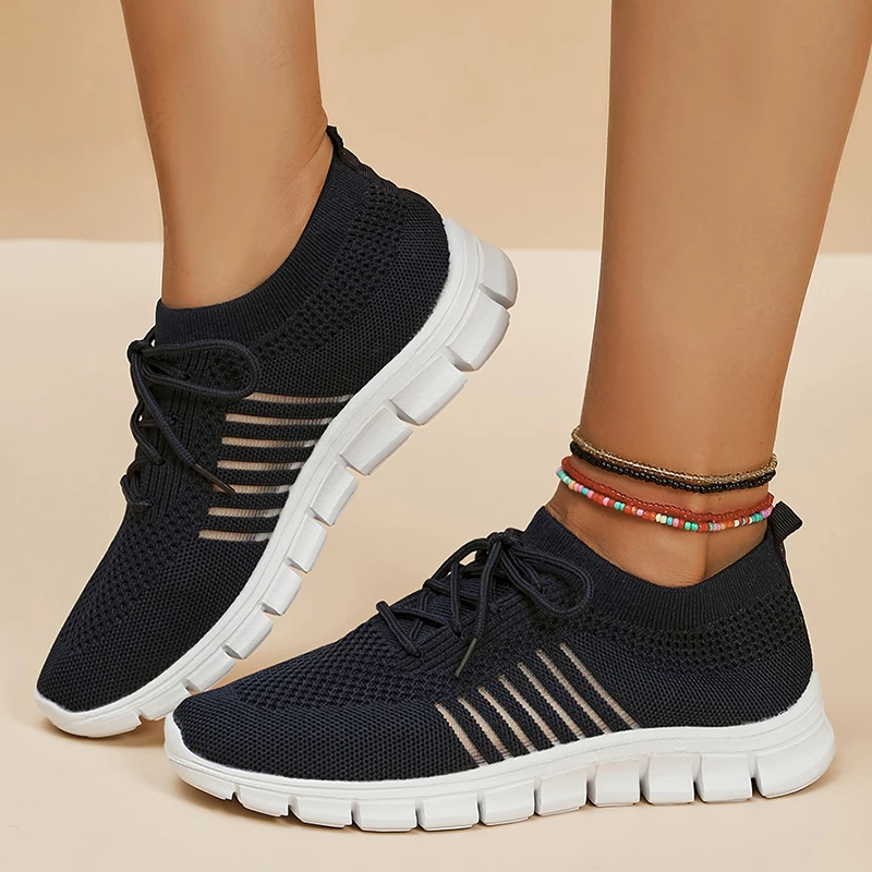 Lightweight Breathable Sneakers for Women Mesh Cut Out Striped Flats Shoes Woman Autumn 2023 Casual Non-Slip Tennis Shoes Ladies