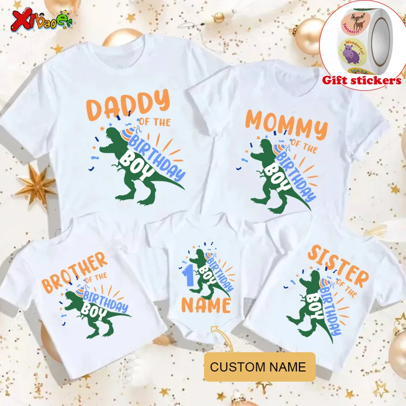 

Kids Dinosaur T Shirt Birthday Personalized Name T Shirts Family Matching Outfits Kids Boy T-shirt Give Away Children's Stickers