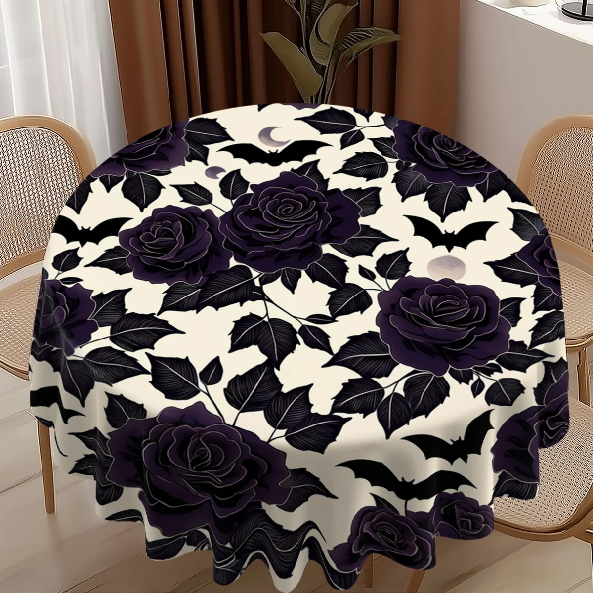 1pc Round Tablecloth, 2D Pattern Printed Round Tablecloth with Black Rose, Bat, Moon And Foliage Design, Diameter 60Inch