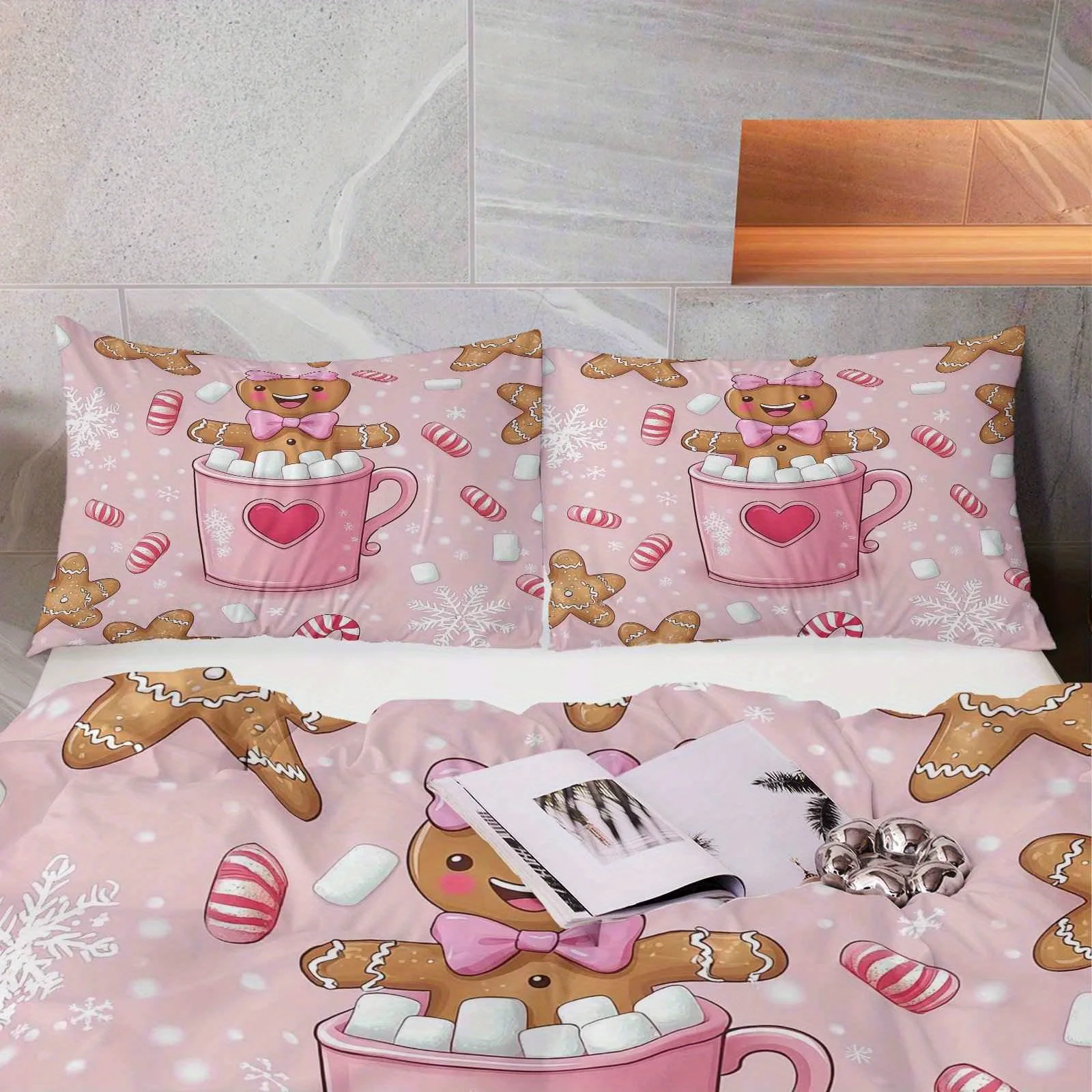 Gingerbread Pink Candy Heart Snowflake Christmas Theme for Living Room Bedroom Hotel Home Decor Festive Holiday Bedding Set