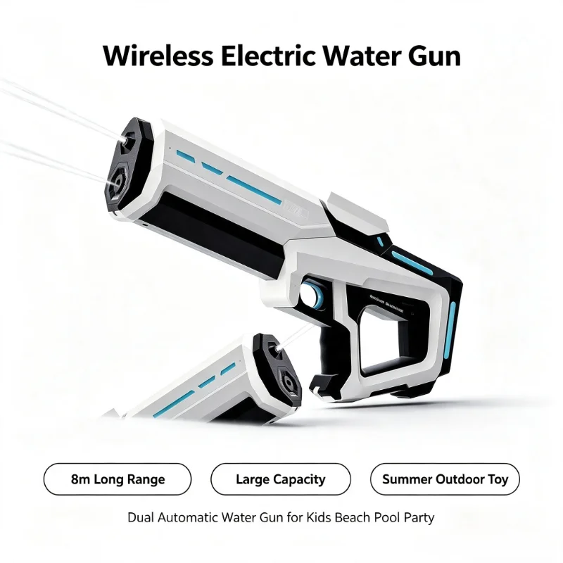 ワイヤレス自動電動水鉄砲-大容量-8‑m-射撃範囲-バーストモード-夏のビーチプール-屋外射撃玩具