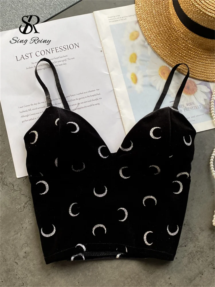 SINGREINY Women Retro Velour Strap Tops Summer V Neck Sleeveless Backless Slim Tank Top Chic Print Sexy Off Shoulder Short Camis