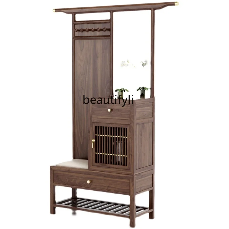 

New Chinese Style Black Walnut Hallway Cabinet Solid Wood Shoe Cabinet Multi-Functional Coat Rack Partition Home Doorway Hallway