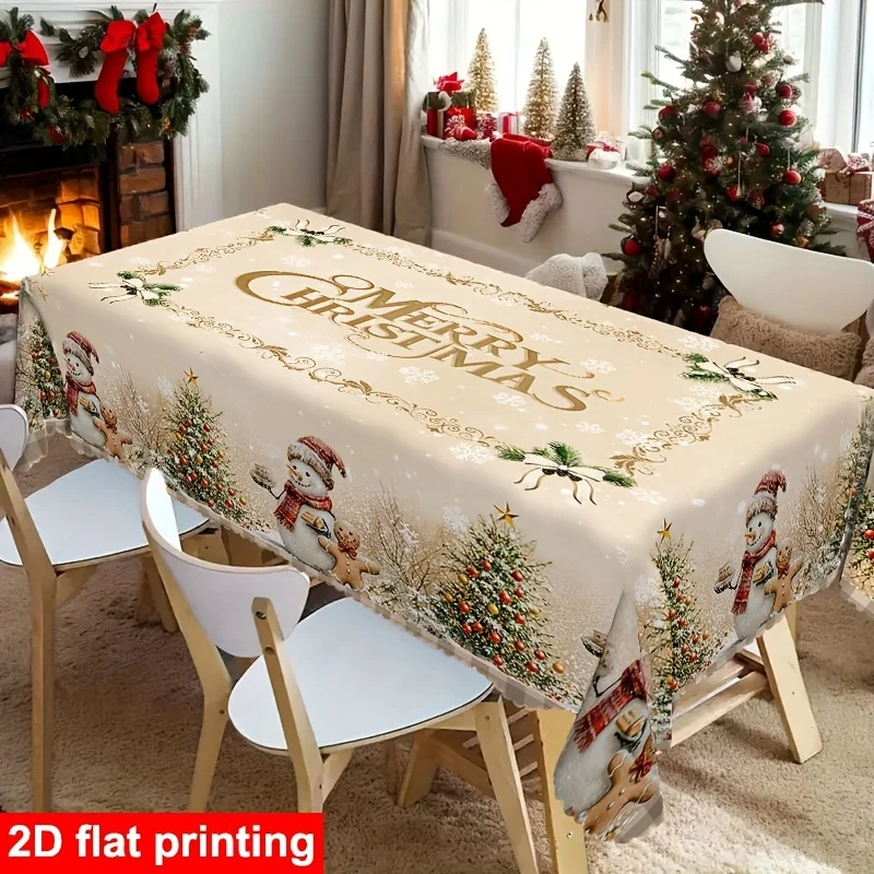 A vintage-style pressed-edge winter snowman and gingerbread man Christmas tablecloth - durable polyester