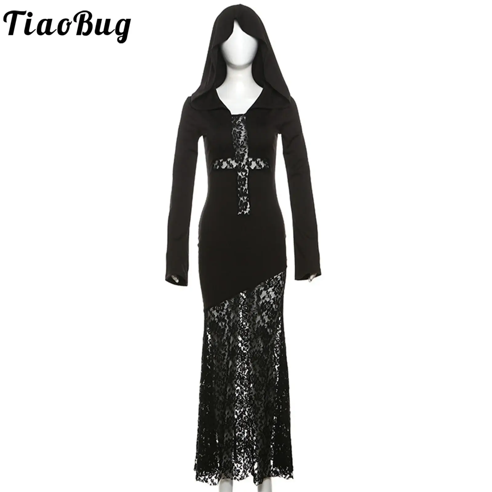 

Women Gothic Steampunk Hooded Dress Sheer Floral Lace Flared Sleeve Maxi Dress for Halloween Vampire Witch Renaissance Cosplay