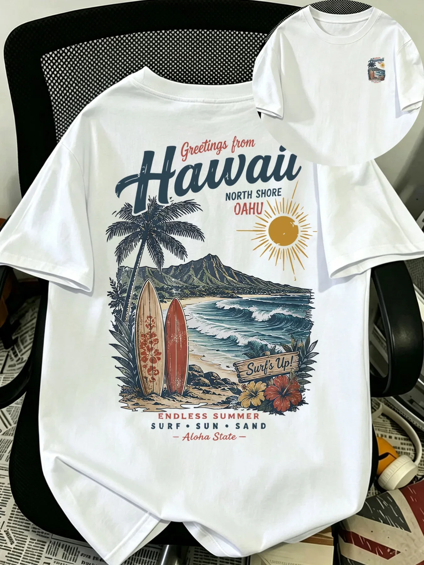Herren Hawaii Surf T-Shirt 100% Baumwolle Tropischer Strand Palmen-Grafik-Druck Vintage Urlaub Streetwear Übergroßes Sommer-Tee