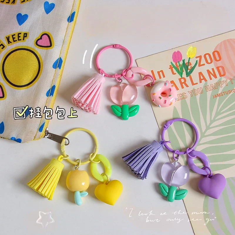 Lovely Tender Tulip Key Chains Cartoon Doughnut Keychain with Tassel Woman Handbag Ornament Funny Keychain