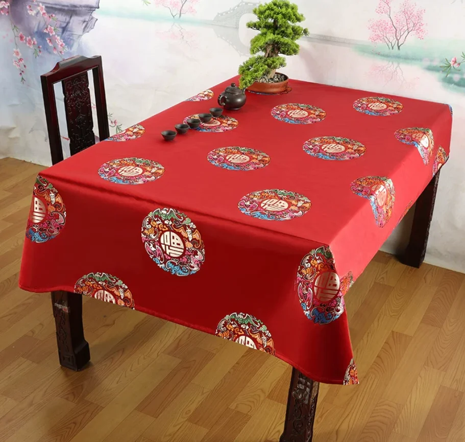 Traditional Chinese Red Table Cloth Satin Embroidery Rectangle Tablecloth for New Year Wedding Banquet Dining Home Table Decor
