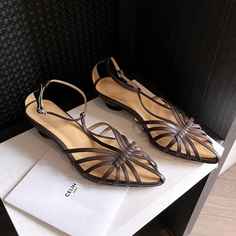 New Natural Leather 3-5CM Sandals  Roman Style Hollowed Out Irregular High Heels Comfort Fashion  Simplicity