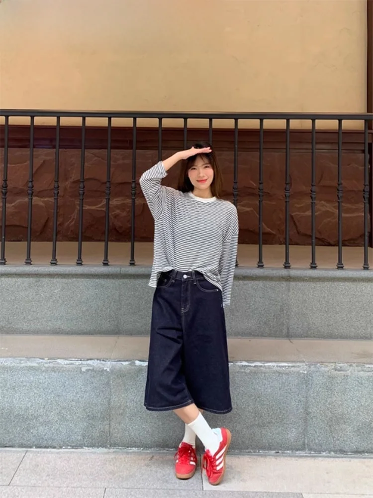 Damskie jeansy z wysokim stanem w stylu amerykańskim, model Sle k Wa, nowość na jesień 2025, plus size, wyszczuplające, proste nogawki, szerokie nogawki.