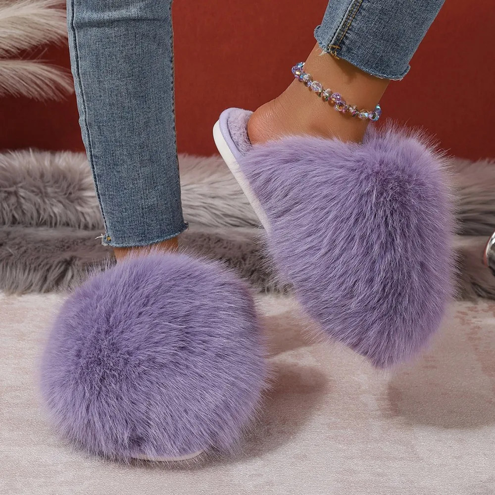 Winterfellige Damen-Hausschuhe, bequeme Flip-Flops, flache Pantoffeln, Indoor-Schlafzimmer-Plüschschuhe für Damen – Detail 4
