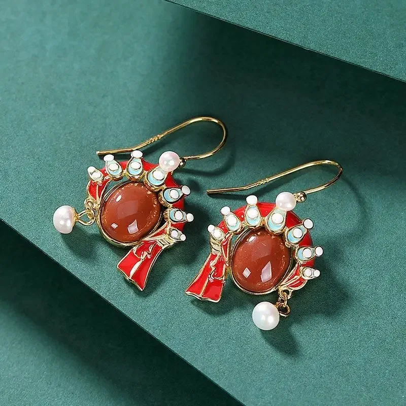 Ancient gold craft inlaid pearls Southern red tourmaline Court style Exquisite earings for women party dinner jewelry gift