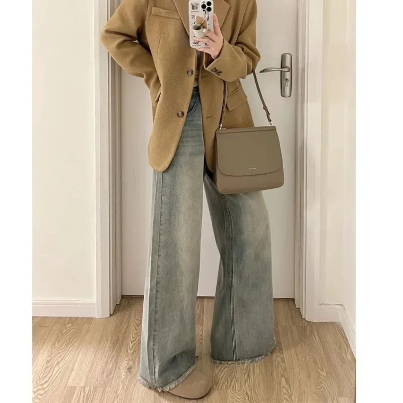 جينز نسائي ريترو أمريكي عالي الخصر وواسع الساق لربيع 2026 تصميم جديد فضفاض مستقيم القطع بنطلون مقاوم للارتداء من القطن...